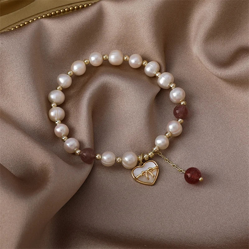 Freshwater Pearl Fritillaria Red Agate Love Pendant Bracelet