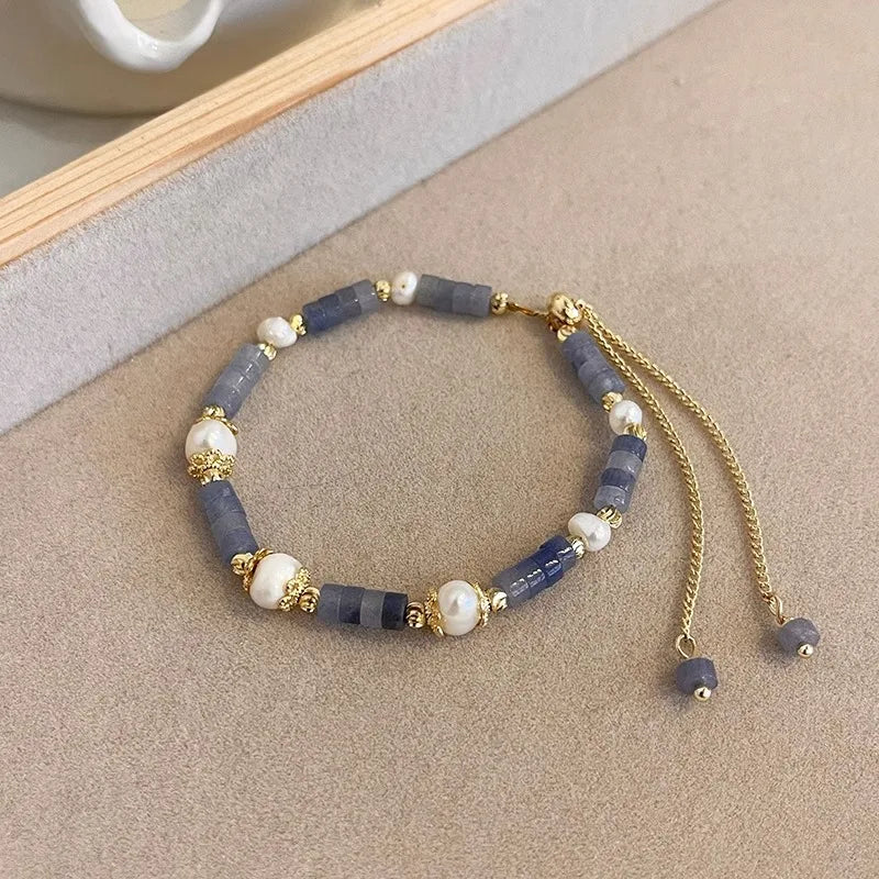 Natural Freshwater Pearl & Jade Stone 14K Filled Ladies Charm Bracelet