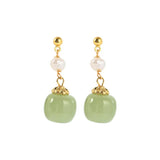 Freshwater Pearl & Nephrite Jade Stone 14K Filled Tassels Stud Earrings