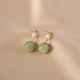 Freshwater Pearl & Nephrite Jade Stone 14K Filled Tassels Stud Earrings