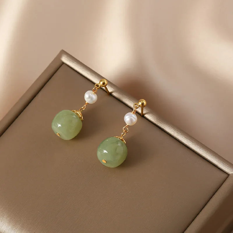 Freshwater Pearl & Nephrite Jade Stone 14K Filled Tassels Stud Earrings