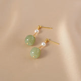 Freshwater Pearl & Nephrite Jade Stone 14K Filled Tassels Stud Earrings