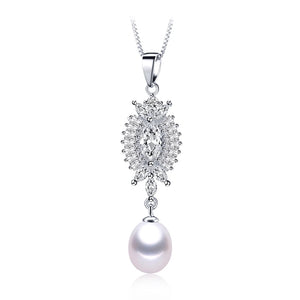 Freshwater Pearl Pendant Necklace Zircon 925 Sterling Silver Wedding Jewelry