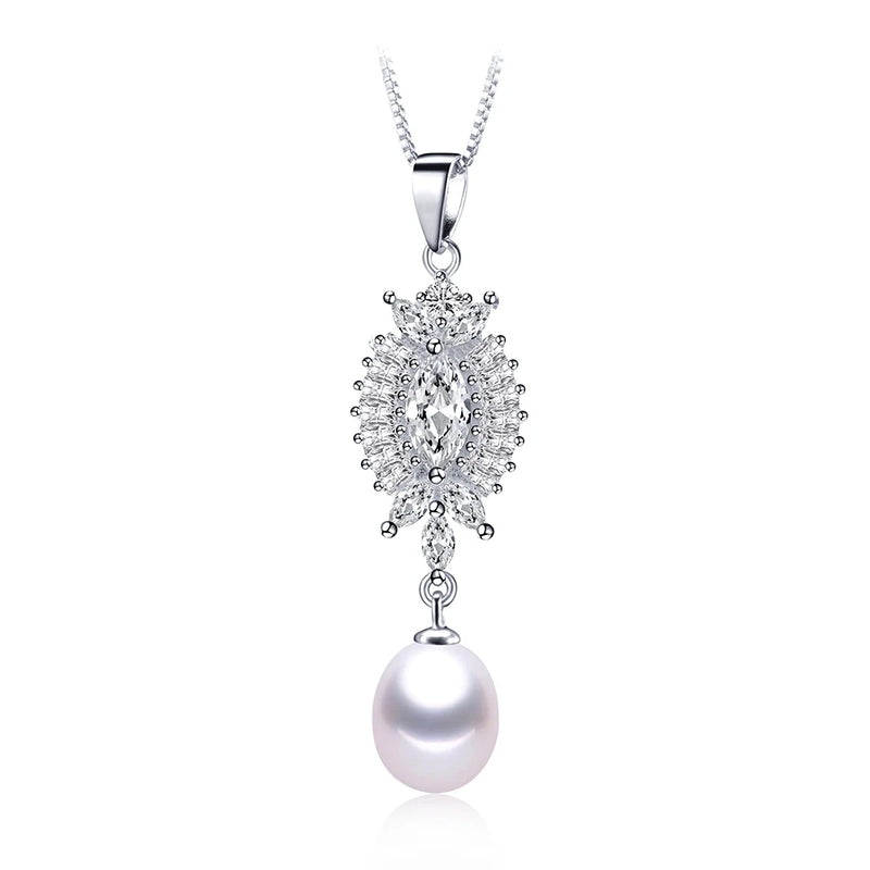 Freshwater Pearl Pendant Necklace Zircon 925 Sterling Silver Wedding Jewelry