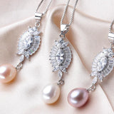 Freshwater Pearl Pendant Necklace Zircon 925 Sterling Silver Wedding Jewelry