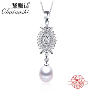 Freshwater Pearl Pendant Necklace Zircon 925 Sterling Silver Wedding Jewelry
