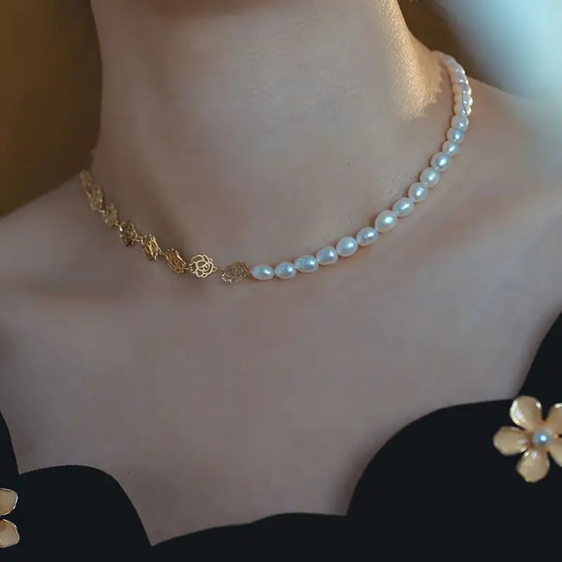 Natural Freshwater Pearl Camellia Flower 14K Filled Necklace