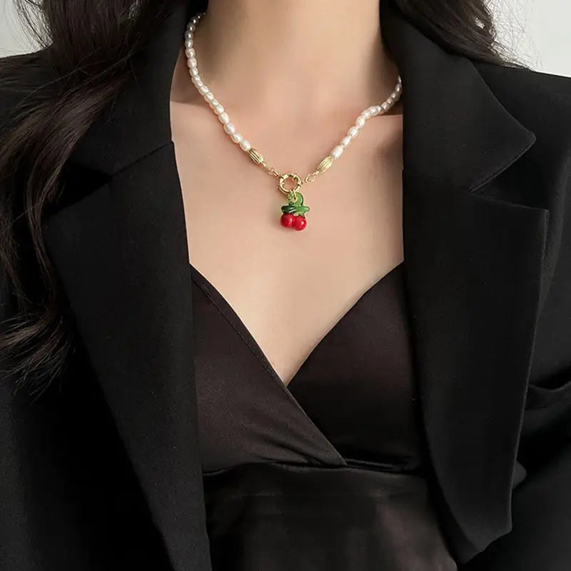 Natural Freshwater Pearl Cherry Fruit Pendant Necklace