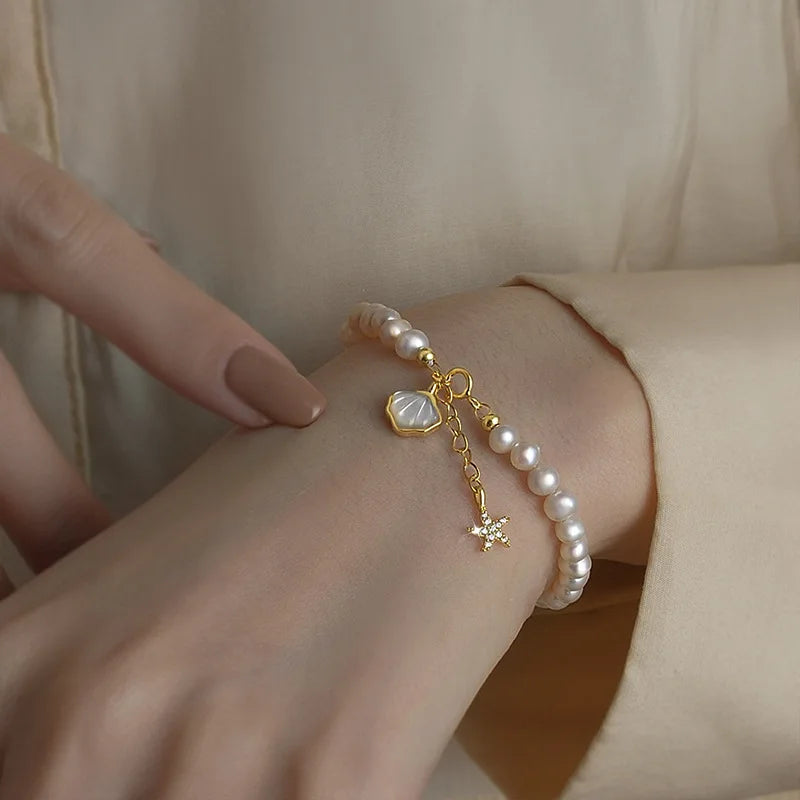 Natural Freshwater Pearl Shell & Star 14K Filled Ladies Bracelet