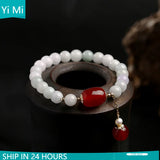 Natural Jade Beads Bracelet Bangle with Tassel Pendant