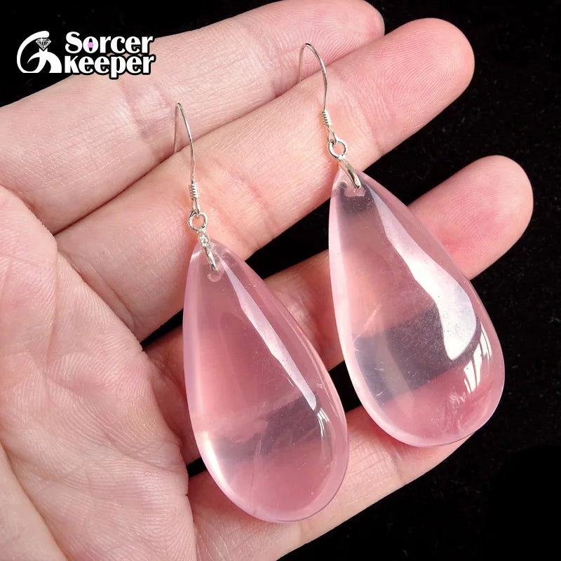 Natural Stone Pink Rose Quartz Dangle Earrings 925 Sterling Silver