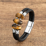 Natural Tiger Eye Bracelet Multilayer Stone Beaded Leather Men Bracelet