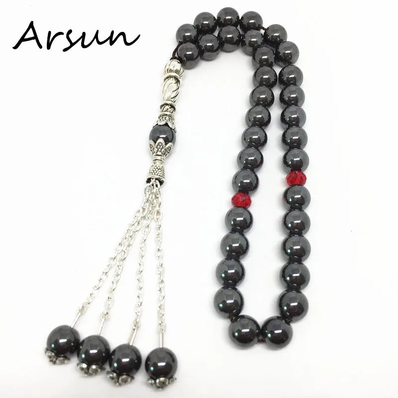 Natural Hematite Stone Muslim 33 Prayer Beads Islamic Tasbih Allah Prayer Rosary
