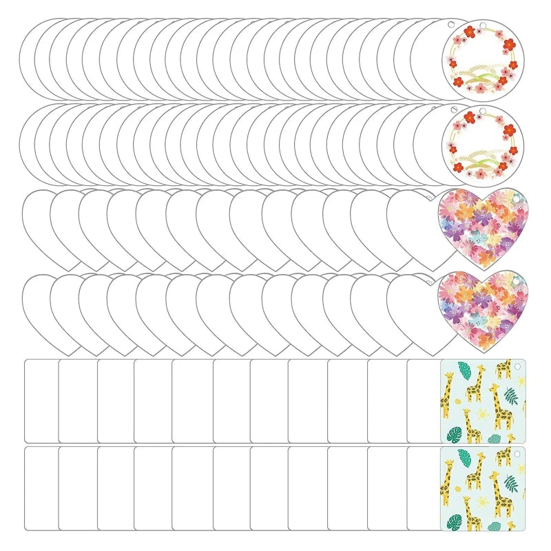 100 PCS Acrylic Blank Keychain Disc Set DIY Crafting 3 Shapes Transparent Blanks