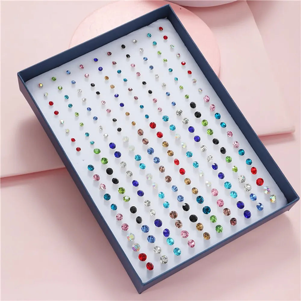 100 Pairs Colorful Rhinestone Stud Earrings For Women