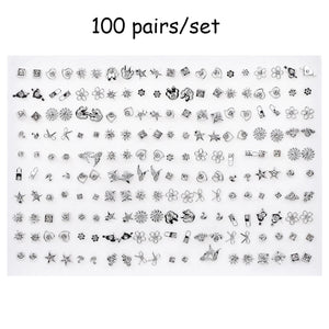 100 Pairs Women Acrylic Crystal Stud Earrings Sets Heart Star Moon Crown Jewelry