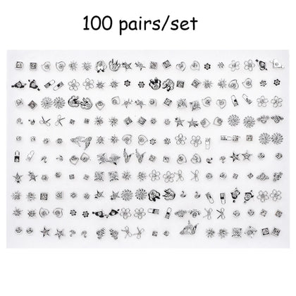 100 Pairs Women Acrylic Crystal Stud Earrings Sets Heart Star Moon Crown Jewelry