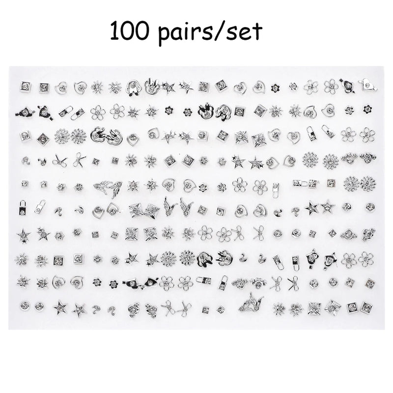 100 Pairs Women Acrylic Crystal Stud Earrings Sets Heart Star Moon Crown Jewelry