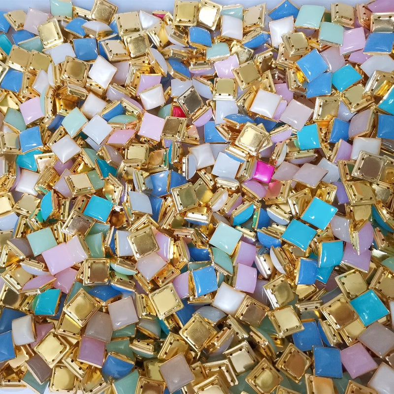 100 Pcs 12mm Mix colors Acrylic Opal Square Sew On Beads With brass Claw Setting
