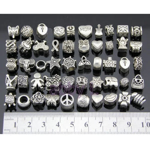 100 Pcs/Lot Mix Owl Flower Peace Heart Bag Charm Beads For European Bracelet