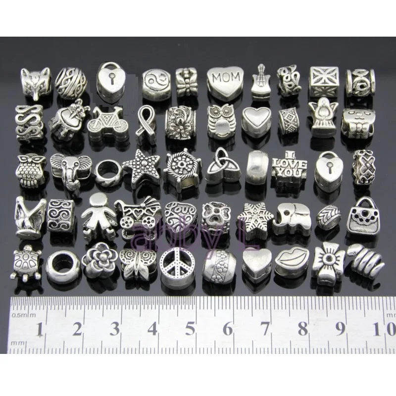 100 Pcs/Lot Mix Owl Flower Peace Heart Bag Charm Beads For European Bracelet
