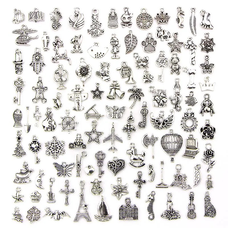 100 Pcs/Set Tibetan Silver Charms Pendants for DIY Jewelry Making