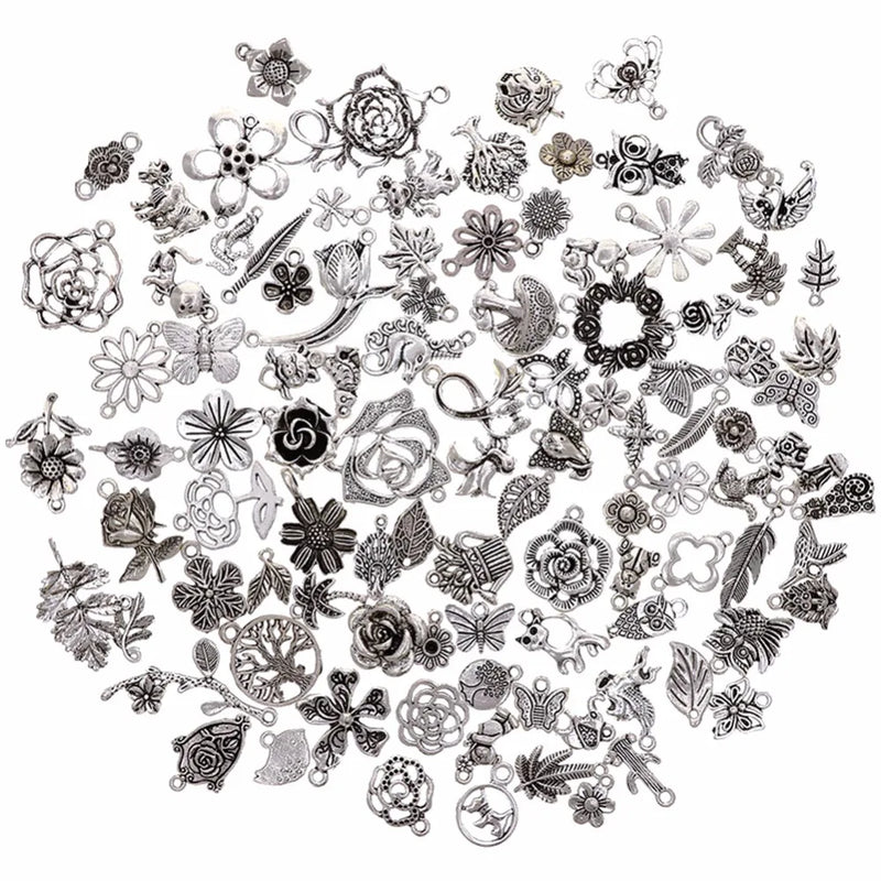 100 Pcs/Set Tibetan Silver Plated Charms Pendants for DIY Jewelry Making