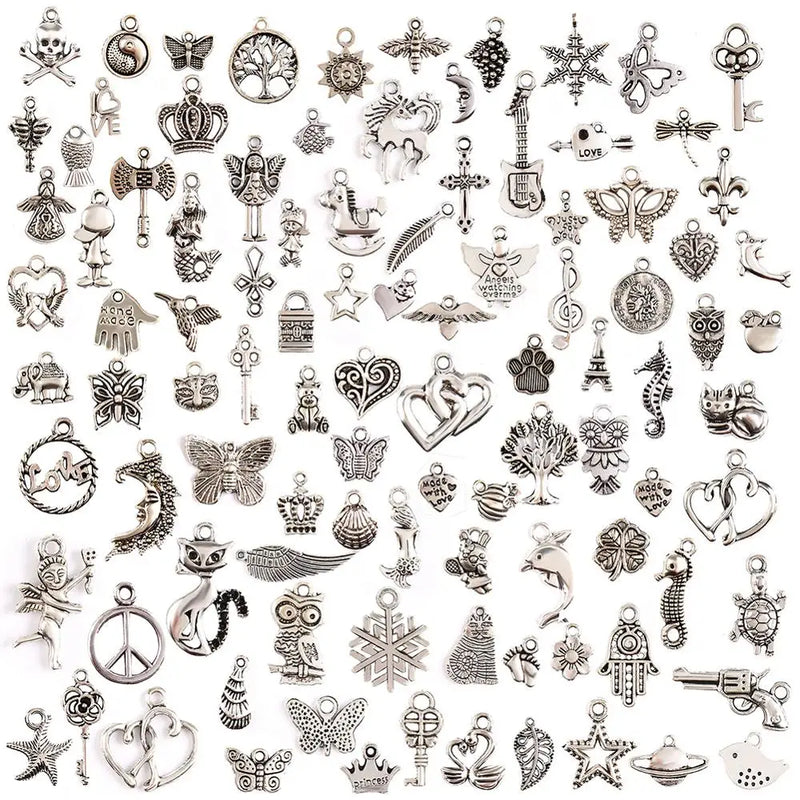100 Pcs Tibetan Silver Mixed Styles Charm Pendants DIY Jewelry
