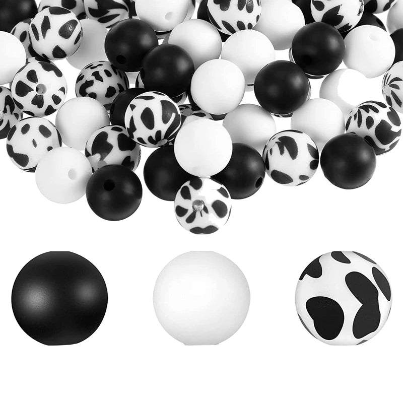 100 Pcs 12Mm Cow Print Silicone Beads for DIY Keychain Making