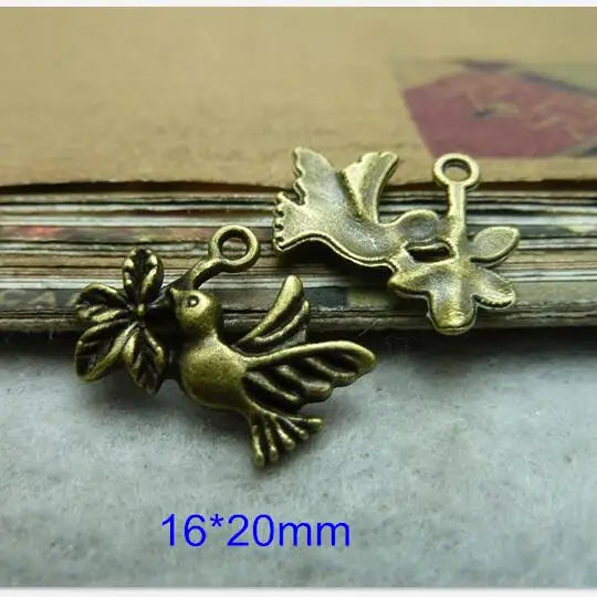 100 Pcs Antique Bronze Bird With Flower Pendant Charms 16*20mm