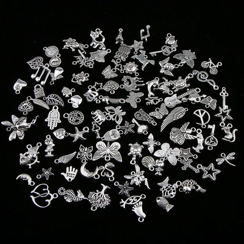 100 Pcs Antique Silver Mixed Style Pendant Jewelry Findings DIY Necklace