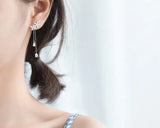 925 Silver Flower Tassel Long Earrings CZ AAA+