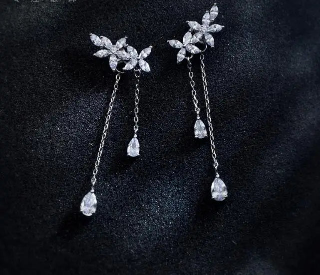 925 Silver Flower Tassel Long Earrings CZ AAA+