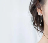 925 Silver Flower Tassel Long Earrings CZ AAA+