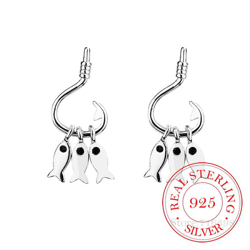 925 Silver Fish Hook Dangle Earrings Women Unique Fishing Jewelry