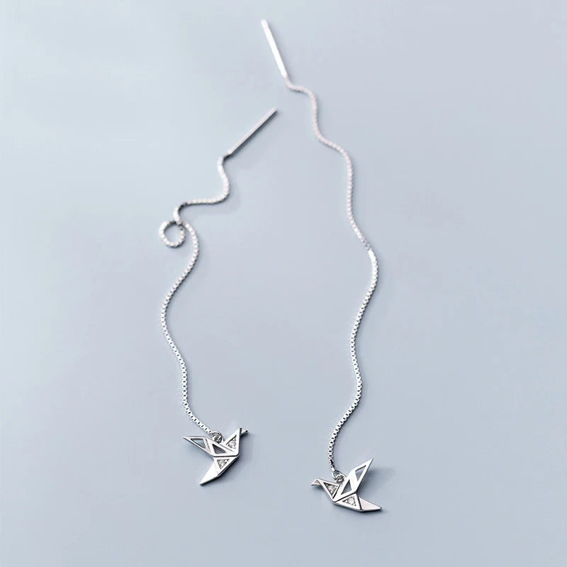 925 Silver Bird Drop Earrings Geometric Long Threader Earrings