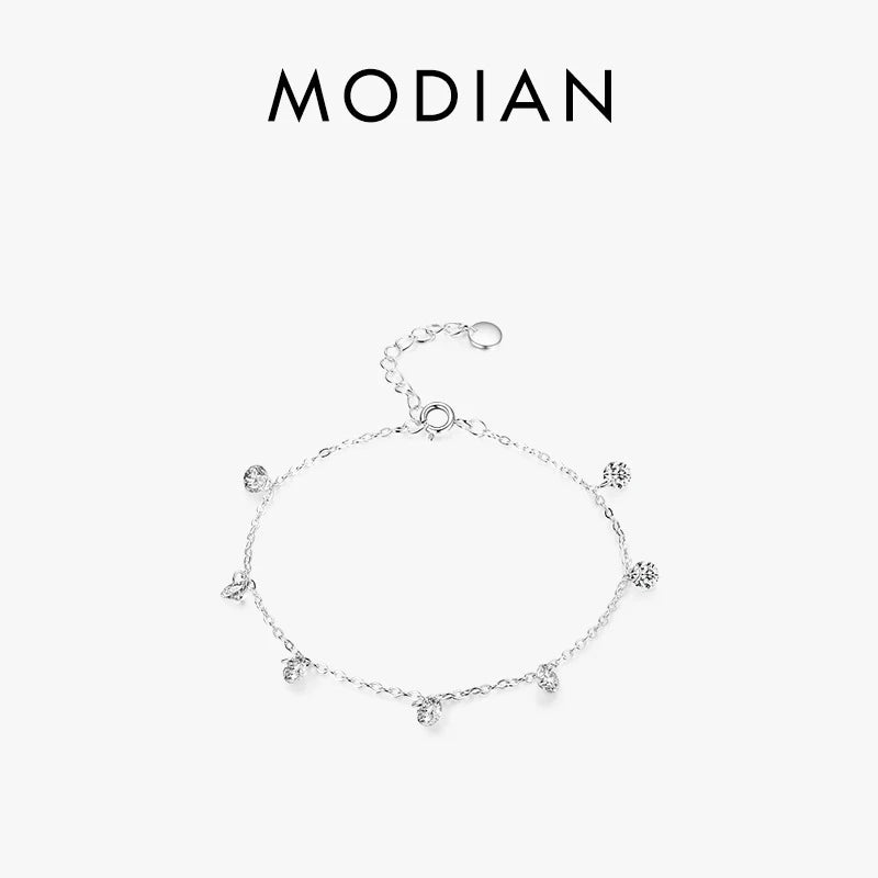 925 Silver CZ Chain Bracelet Ten Hearts Diamond Pendant