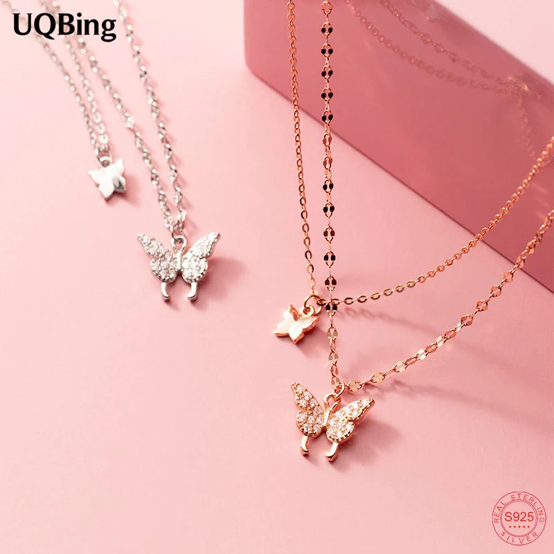 925 Silver Butterfly CZ Necklace Double Layer Clavicle Chain For Women