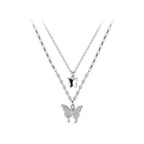 925 Silver Butterfly CZ Necklace Double Layer Clavicle Chain For Women