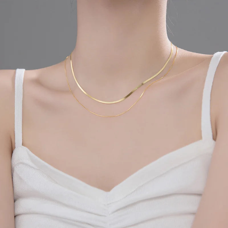 925 Sterling Silver Double Rows Snakebone Chain Necklace Clavicle