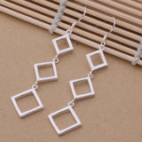 925 Silver Three Squares Drop Dangle Earrings Wedding Jewelry