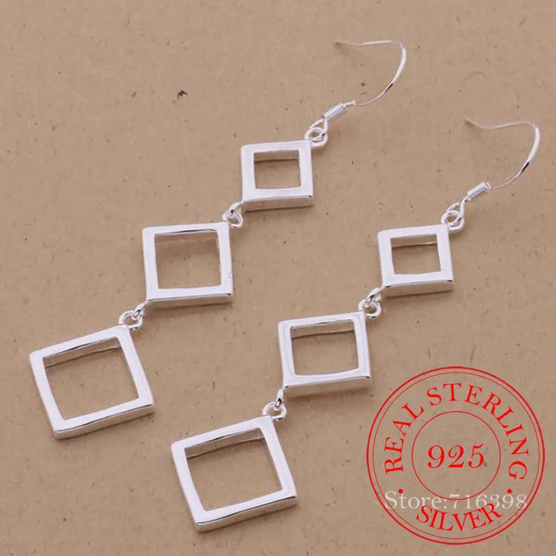 925 Silver Three Squares Drop Dangle Earrings Wedding Jewelry
