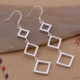 925 Silver Three Squares Drop Dangle Earrings Wedding Jewelry