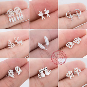 925 Sterling Silver Geometric Cat Ghost Tree Ballet Feather Stud Earrings