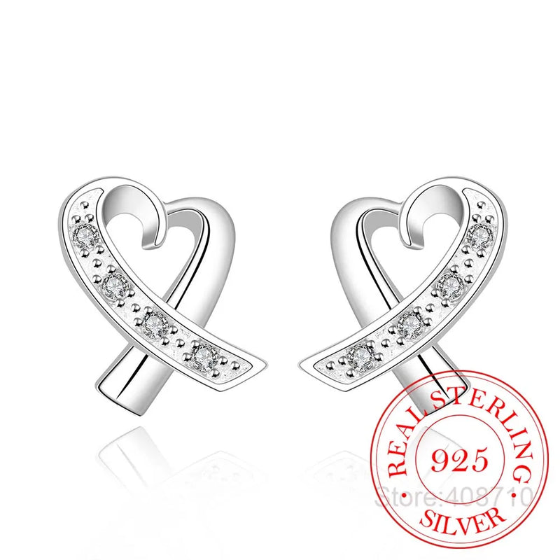 925 Silver Heart Stud Earrings Zircon Women Wedding Jewelry