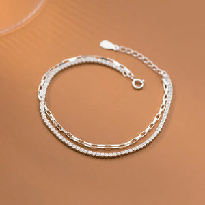 925 Silver Double Rows Oval Square Chain & CZ Tennis Bracelet