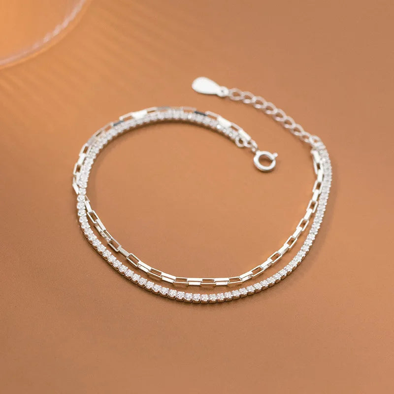 925 Silver Double Rows Oval Square Chain & CZ Tennis Bracelet