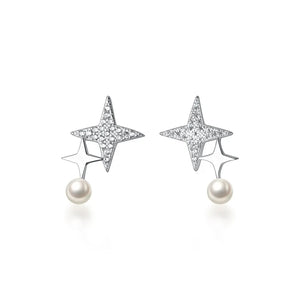 925 Sterling Silver Shuriken Star & Shell Pearl Stud Earrings