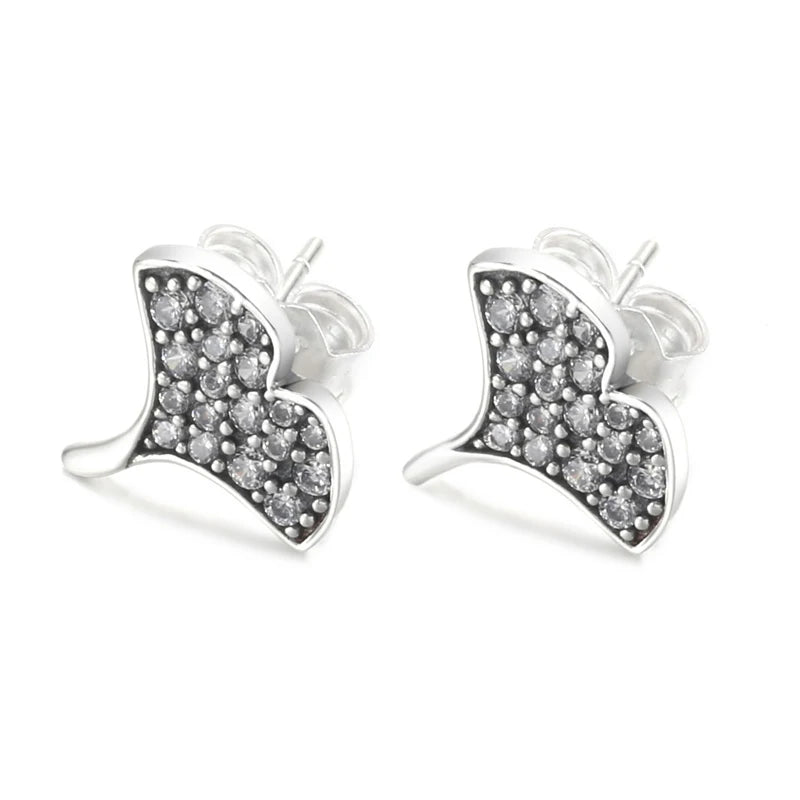 925 Sterling Silver Gingko Leaf Stud Earrings Crystal Jewelry