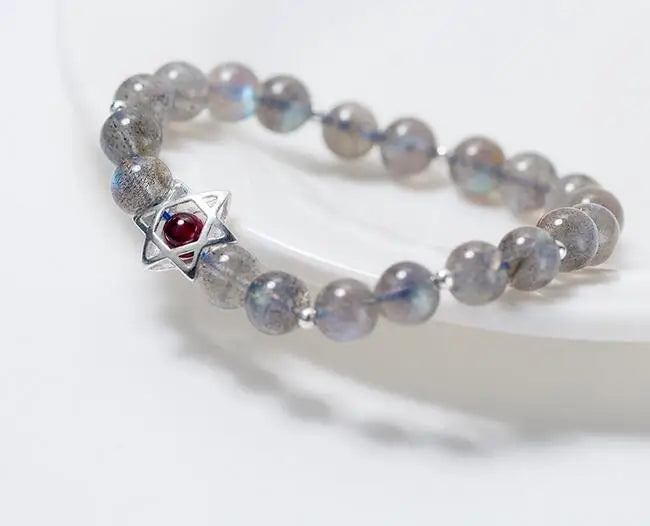 925 Sterling Silver Natural Grey Moonstone Round Bracelet with Star of David